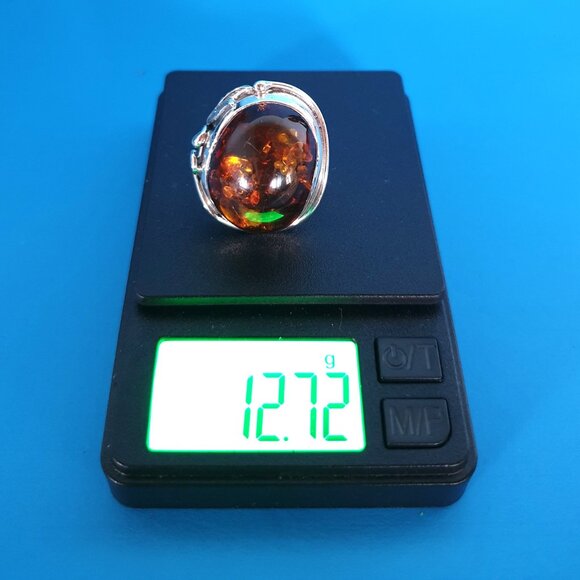 Vintage Cognac Baltic Amber Sterling Silver Art Nouveau–Inspired Floral Ring - Picture 13 of 16